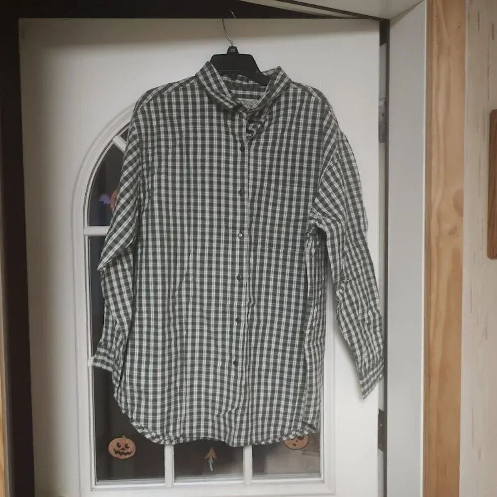 New Rosettes Plus Olive Green Plaid Long Sleeve Button Down Shirt Women's 3X